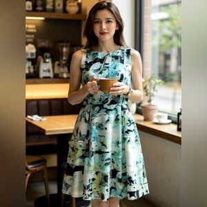 Alfani Aqua and Black Floral Midi Dress